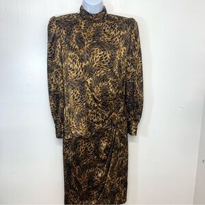 Vintage 80s Silk Dress 4  Brown Animal Print Midi ‎ Ruched Event Career Classic